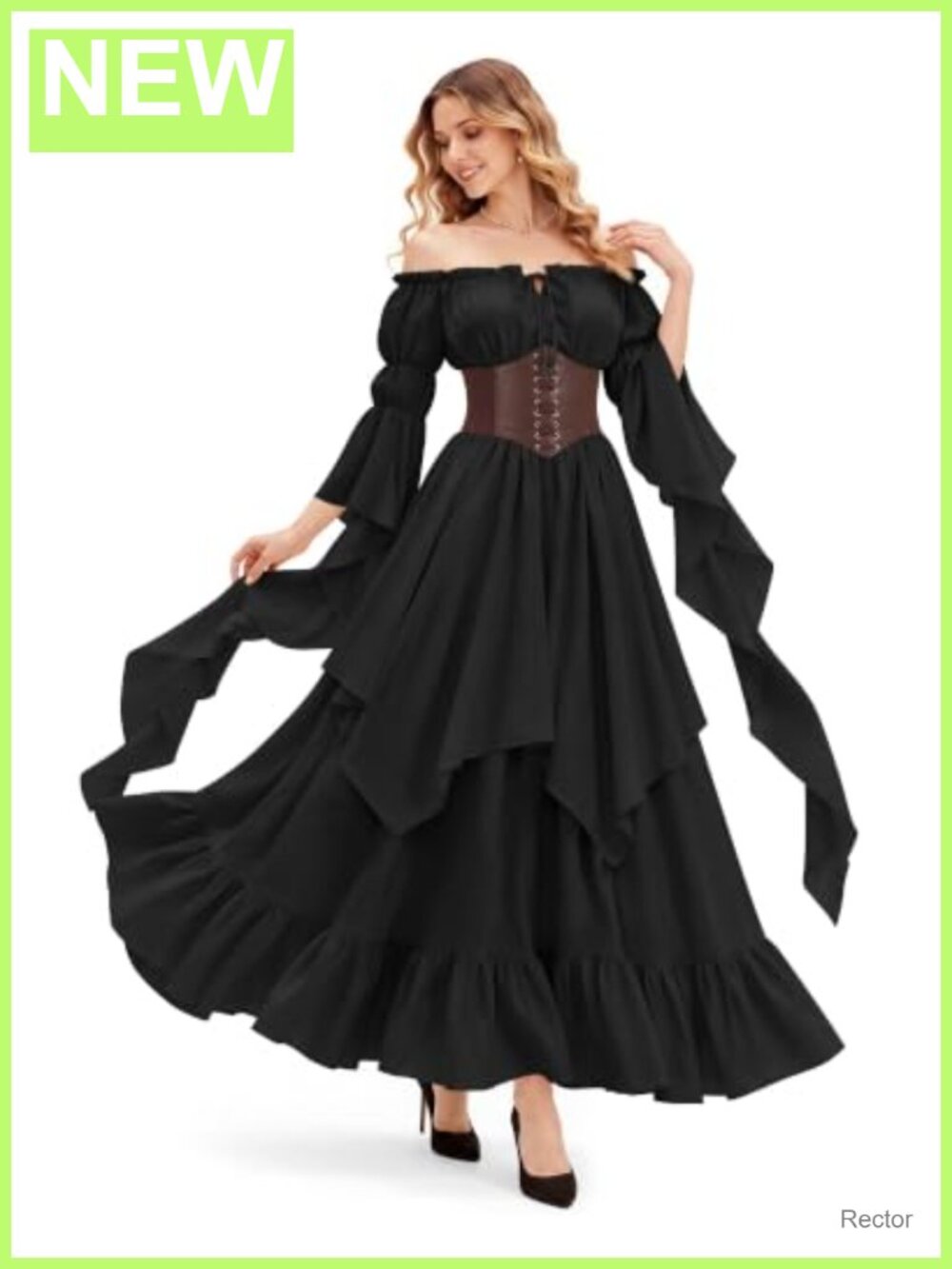 Women Renaissance Medieval Victorian Dress with Corset Belt Long Sleeve